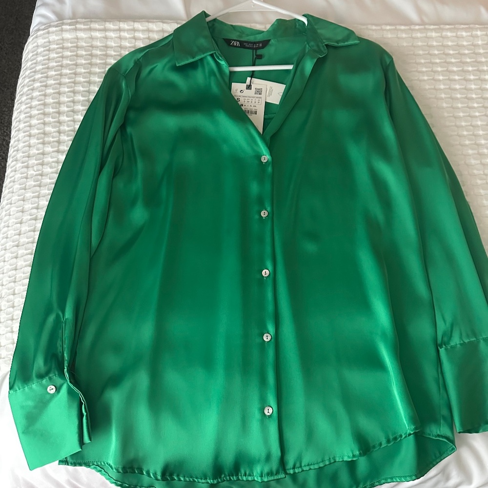 Zara Emerald Satin Button-Up Blouse